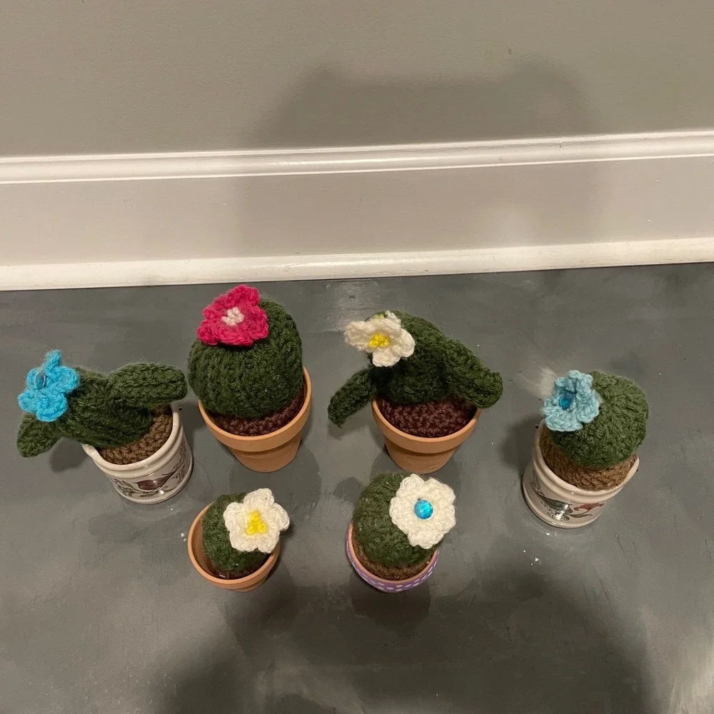 Handmade Crochet Cactus Succulent Set of 6 Potted Yarn Plants Decor‎ Multi Color